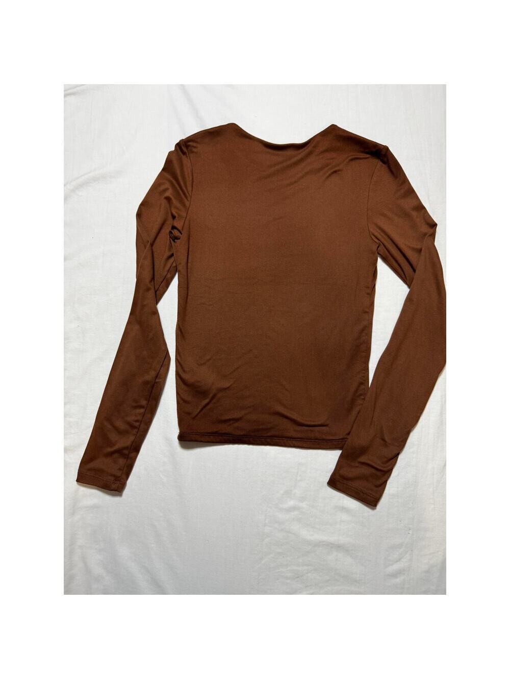 Scoop Neck Brown Stretch Layering Long Sleeve Fitted Top Womens S - Picture 5 of 6